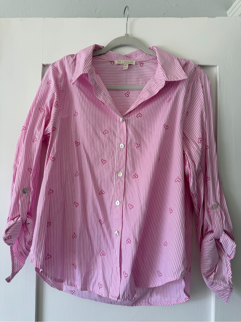 FIG & FLOWER Pink White Pinstripe Heart Embroidered Roll Tab Sleeve Blouse